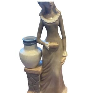 Vintage Porcelain Woman Figurine with‎ Vase Blue Headscarf Tan Gown Home Decor